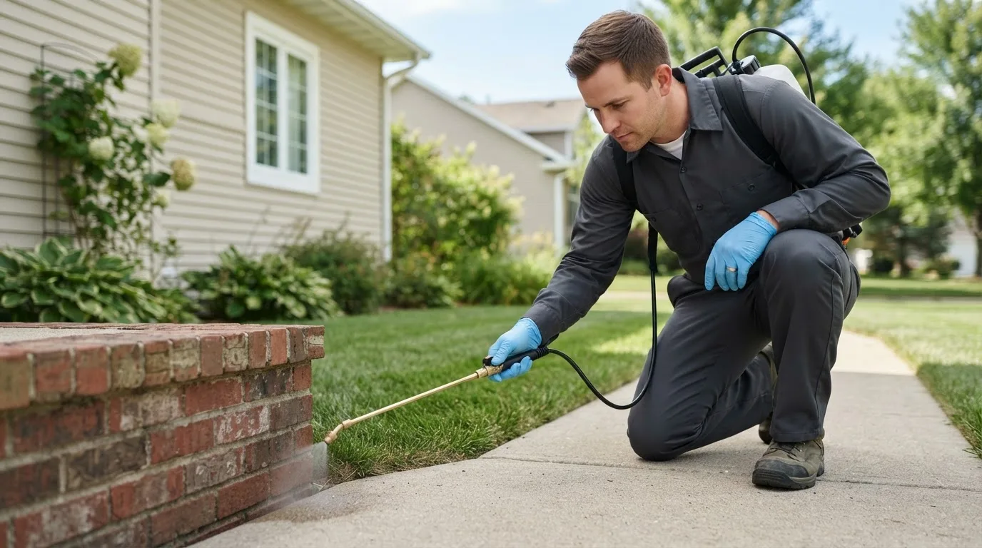 Pest control technician treating a home near Allston, MA